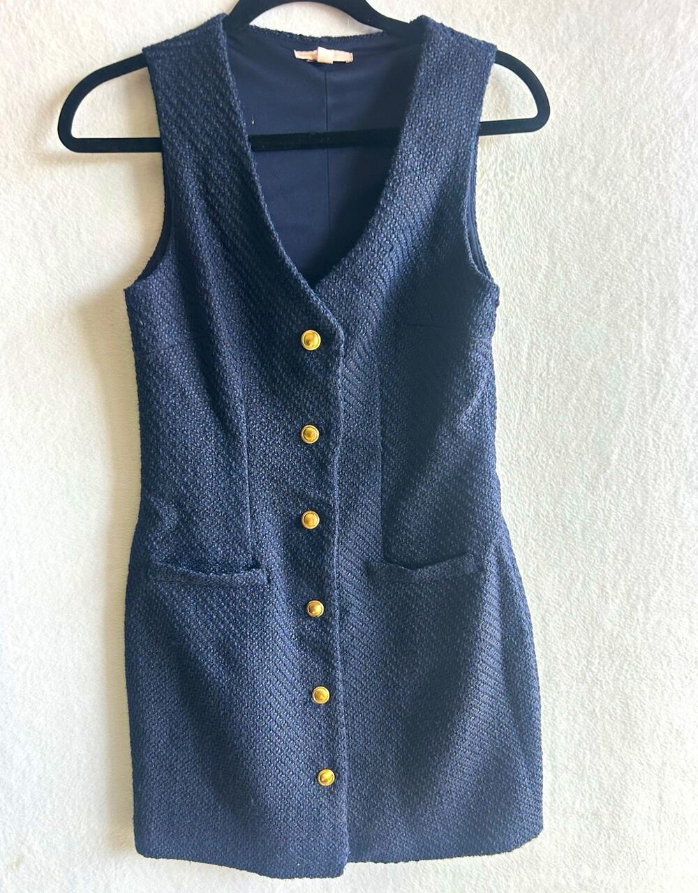 Bebop Blue Tweed Shift Mini Dress V-Neck Sleeveless Button Front Pockets M